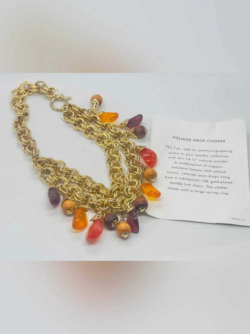 Jewelmint Foliage Drop Choker Necklace Gold Tone Chain Two Strand Faux Gemstone